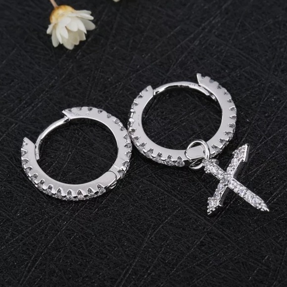 DIAMOND 925 SILVER CROSS PENDANT HOOP EARRINGS, NICE EARRINGS, CUTE EARRINGS - Picture 4 of 5